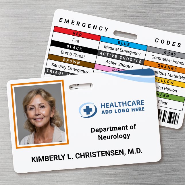  Emergency Codes Hospital Employee Photo ID Badge Ausweis (Double-sided photo ID badge with custom emergency codes and barcode image)