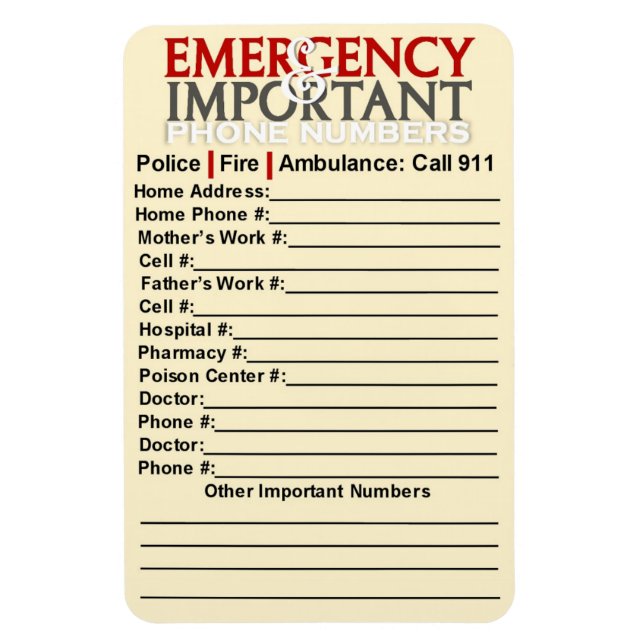 Emergency- und Wichtige Telefonnummern 4"x6"-Magne Magnet (Vertikal)