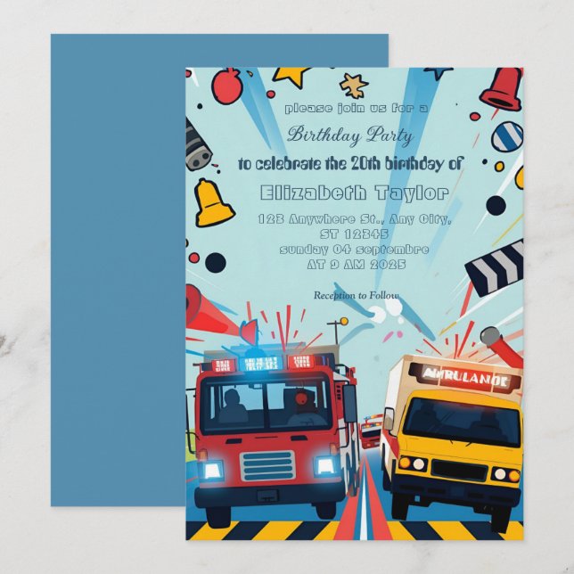 Emergency Vehicles party  invitation    Einladung (Vorne/Hinten)
