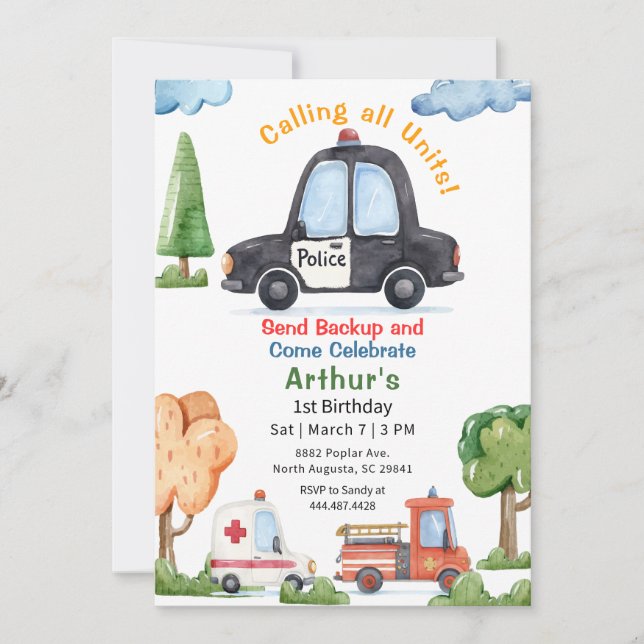 Emergency Vehicles Police car Birthday Einladung (Vorderseite)