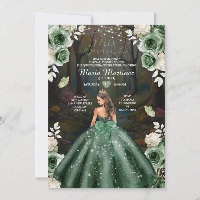 Emerlad Green Princess Castle Forest Mis Quince Einladung (Vorderseite)