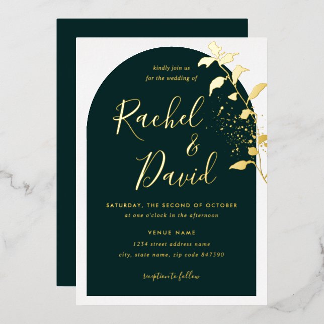 Emerle Green Gold Floral Arch Wedding Folieneinladung (Vorderseite/Rückseite)
