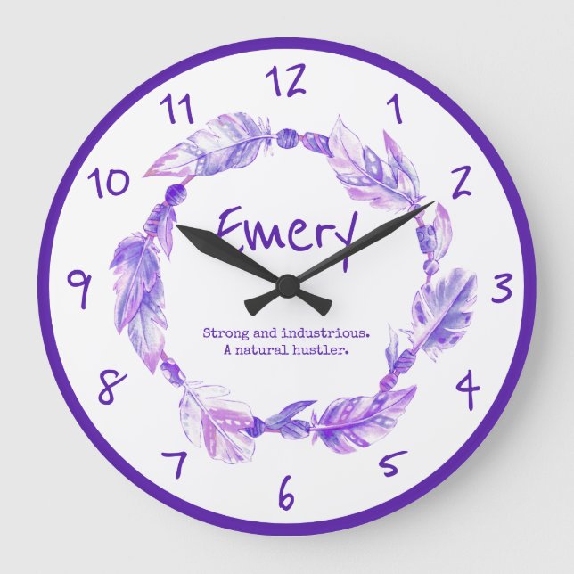 Emery feather perads Name bedeutet lila Große Wanduhr (Vorderseite)