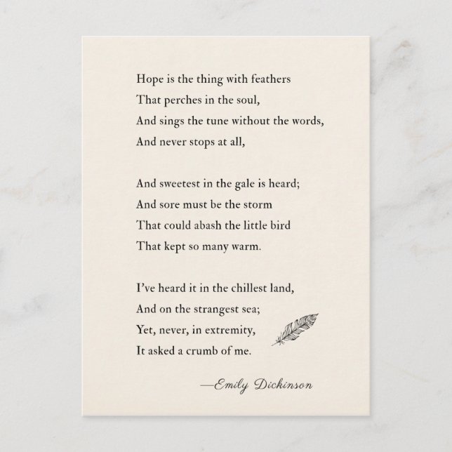Emily Dickinson Poem Hoffnung ist das Ding mit Fed Postkarte (Vorderseite)