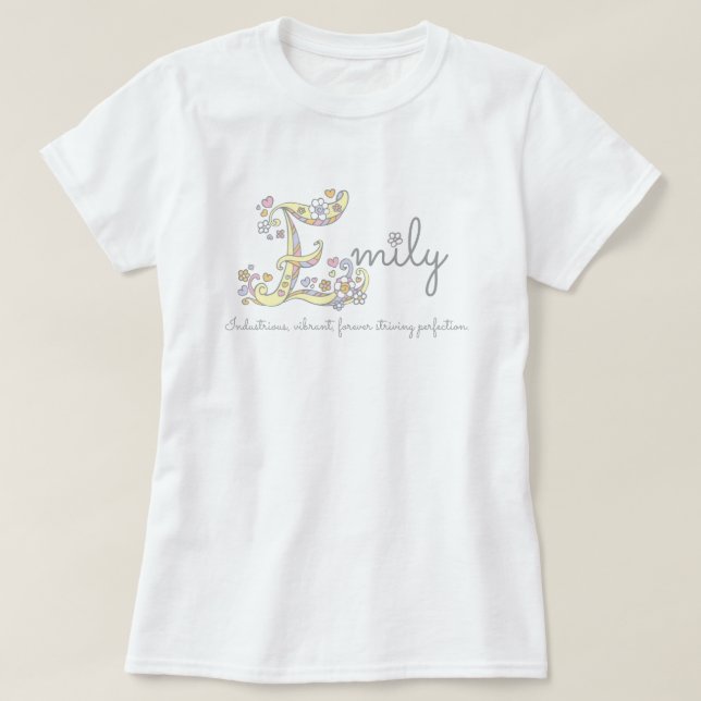 Emily Girls Name bedeutet E-Monogramm Herz T-Shirt (Design vorne)