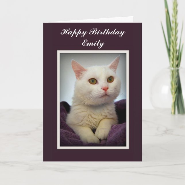 Emily Happy Birthday White Cat Card Karte (Vorderseite)