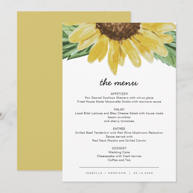 Emma - Cartes de menu de mariage tournesol rustiqu (Devant / Derrière)