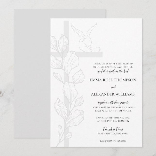 Emma Elegant Cross & Doves Christlich Wedding Einladung (Vorne/Hinten)