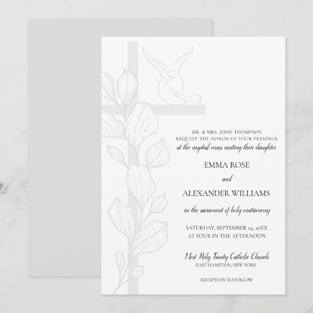 Emma Elegant Cross & Doves Katholische Hochzeit Einladung (Vorne/Hinten)