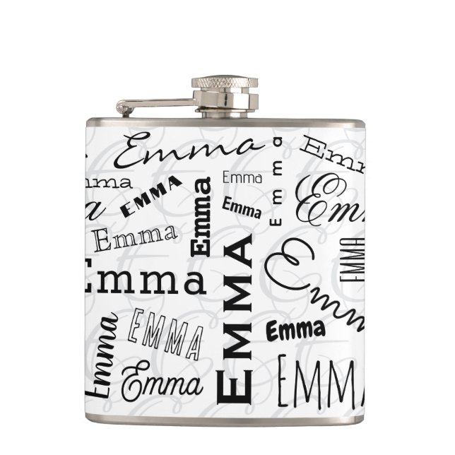 Emma Individuelle Name Schwarz-weiß Flachmann (Vorderseite)