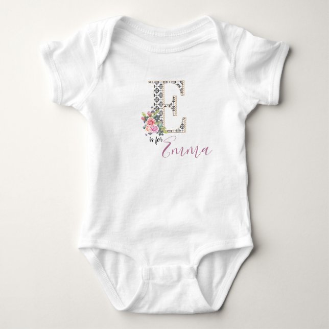 Emma Name Baby Outfit Letter E Romper Floral Girl Baby Strampler (Vorderseite)