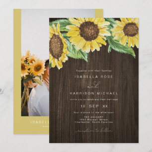 EMMA Rustic Dark Wood Watercolor Sonnenblumenhochz Einladung