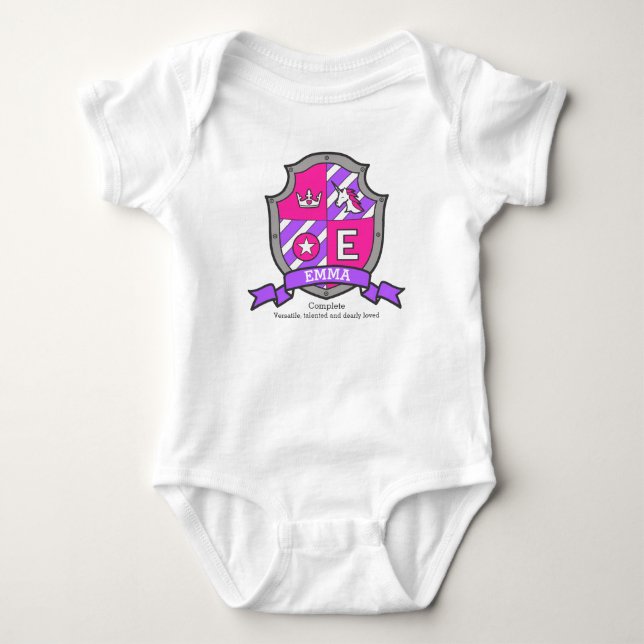 Emmanamensbedeutungs-Einhorn-Prinzessinbuchstabe E Baby Strampler (Vorderseite)