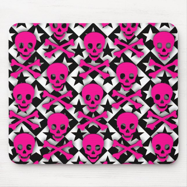 Emo Pink Skulls & Stars Mousepad (Vorne)