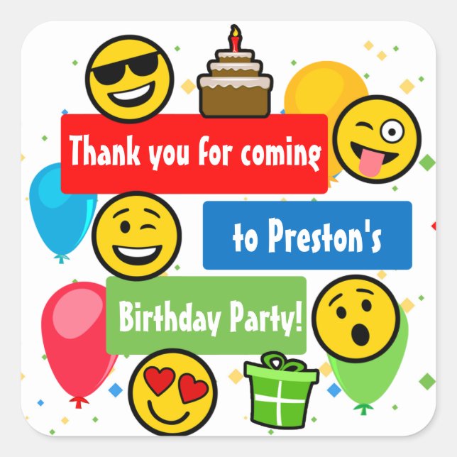 Emoji Birthday Party Kinder oder Jungen Vielen Dan Quadratischer Aufkleber (Vorderseite)