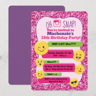 Emoji Girl's Teen Tween Birthday Pink Glitzer Einladung