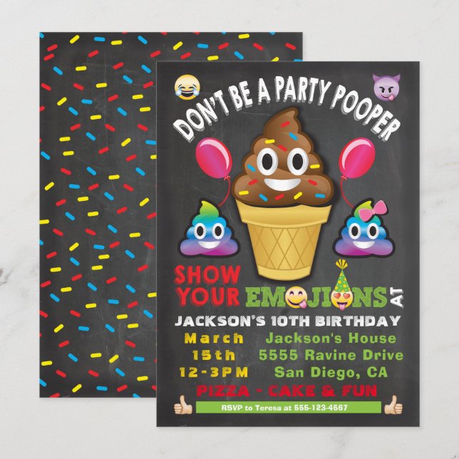 Emoji Party Icecream Pooper Invitation Anniversair (Devant / Derrière)