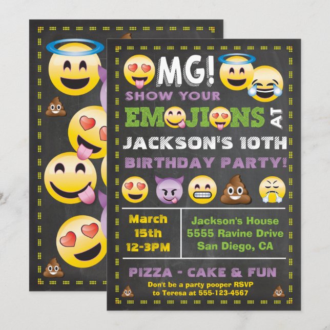 Emoji Party OMG Birthay Einladung (Vorne/Hinten)