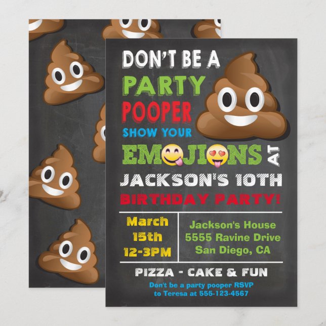 Emoji Party Pooper Birthay Invitation (Devant / Derrière)