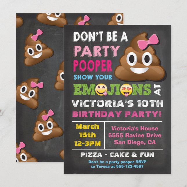 Emoji Party Pooper Girl Birthay Einladung (Vorne/Hinten)