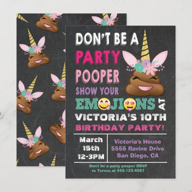 Emoji Party Pooper Unicorn Birthay Einladung (Vorne/Hinten)
