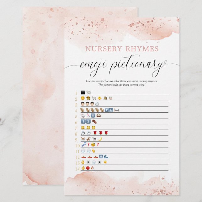Emoji Pictionary Baby Dusche Wasserfarbe Rose (Vorne/Hinten)