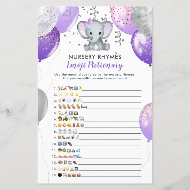 Emoji Pictionary Lila Elephant Baby Showspiel (Vorderseite)