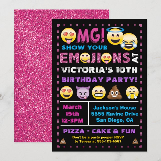 Emoji Pink Glitzer Geburtstagsparty Einladung (Vorne/Hinten)