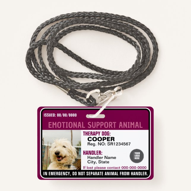 Emotional Support Animal ID Therapy Photo Custom Ausweis (Vorderseite mit Schlüsselband)
