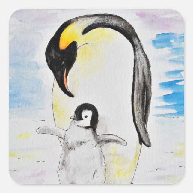 Emperor Pinguin und Chick Watercolor Malerei Quadratischer Aufkleber (Vorderseite)