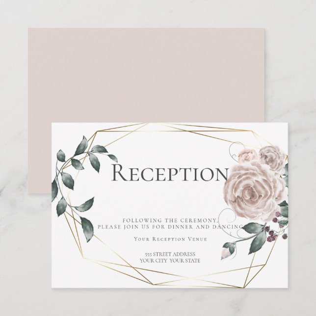 Empfang | Aquarellfarbene Rose Floral Gold Begleitkarte (Vorne/Hinten)