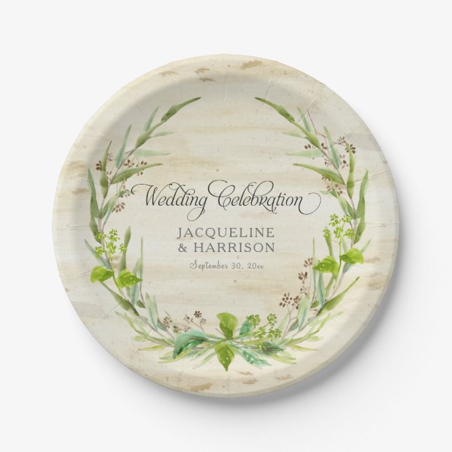 Empfang BOHO Wreath Leaf Birch Wood Rustikaler Fal Pappteller (Vorderseite)