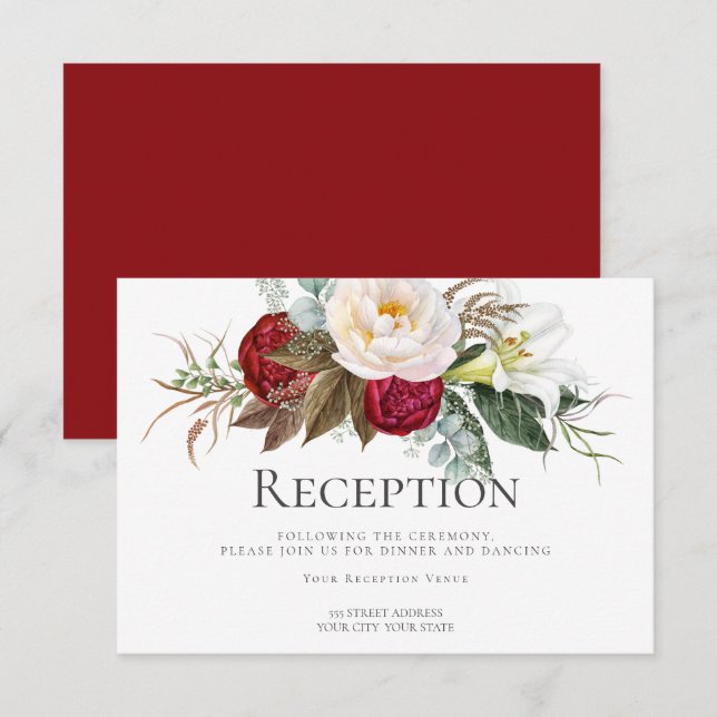 Empfang | Crimson Red Ivory Peony Blume Einladung (Vorne/Hinten)