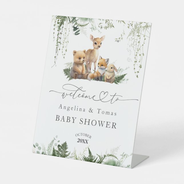 Empfang der neutralen Baby-Dusche für Waldtiere Sockelschild (Vorderseite)