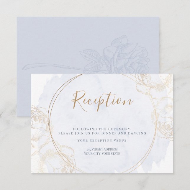 Empfang | Gilded Rose Dusty Blue Watercolor Einladung (Vorne/Hinten)