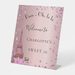 Empfang im Sweet 16 Paris Rosa Eiffelturm Sockelschild