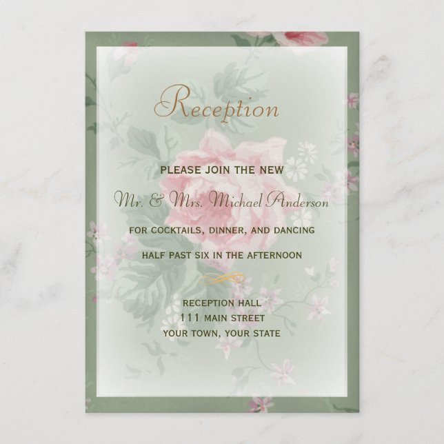 Empfang-Karte für die Hochzeit von Grün und Rosa Begleitkarte (Vorderseite)