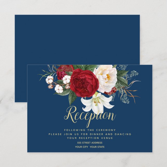 Empfang | Navy Blue mit Crimson Red Peongs Einladung (Vorne/Hinten)