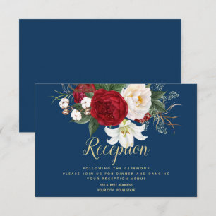 Empfang   Navy Blue mit Crimson Red Peongs Einladung