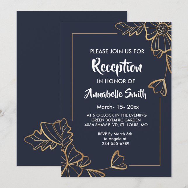 Empfang Navy & Golden Blues Einladung (Vorne/Hinten)
