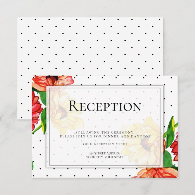 Empfang | Polka Dots and Red Yellow Floral Einladung (Vorne/Hinten)