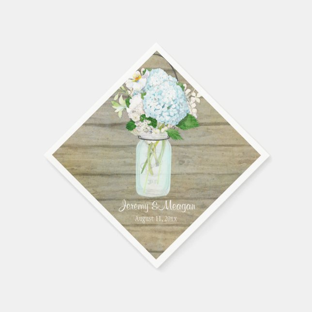 Empfang Rustic Country Mason Jar Blue Hydrangeas Serviette (Ecke)