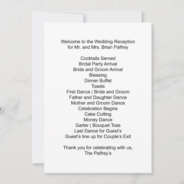 Empfang Schedule Mr. and Mrs. Palfrey Einladung (Vorderseite)