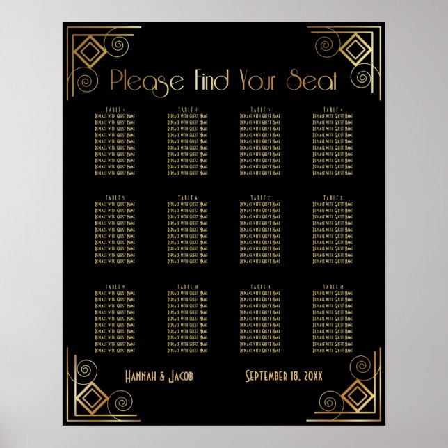 Empfang-Seekarte für Schwarz und Gold Art Deco Poster (Vorne)