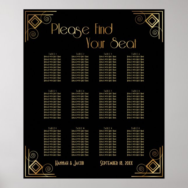 Empfang-Seekarte für Schwarz und Gold Art Deco Poster (Vorne)