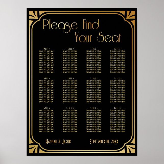 Empfang-Seekarte für Schwarz und Gold Art Deco Poster (Vorne)