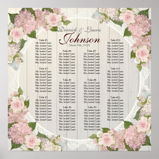Empfang Sitzkarte Rosa Hydrangea Holzbalken Poster (Vorne)