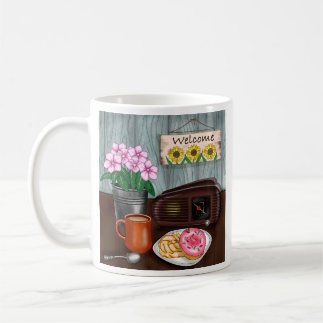 Empfang, Sonnenblumen, Donuts und Kaffee Kaffeetasse (Links)