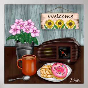 Empfang, Sonnenblumen, Donuts und Kaffee Poster