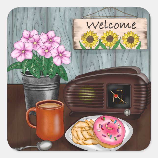Empfang, Sonnenblumen, Donuts und Kaffee Quadratischer Aufkleber (Vorderseite)